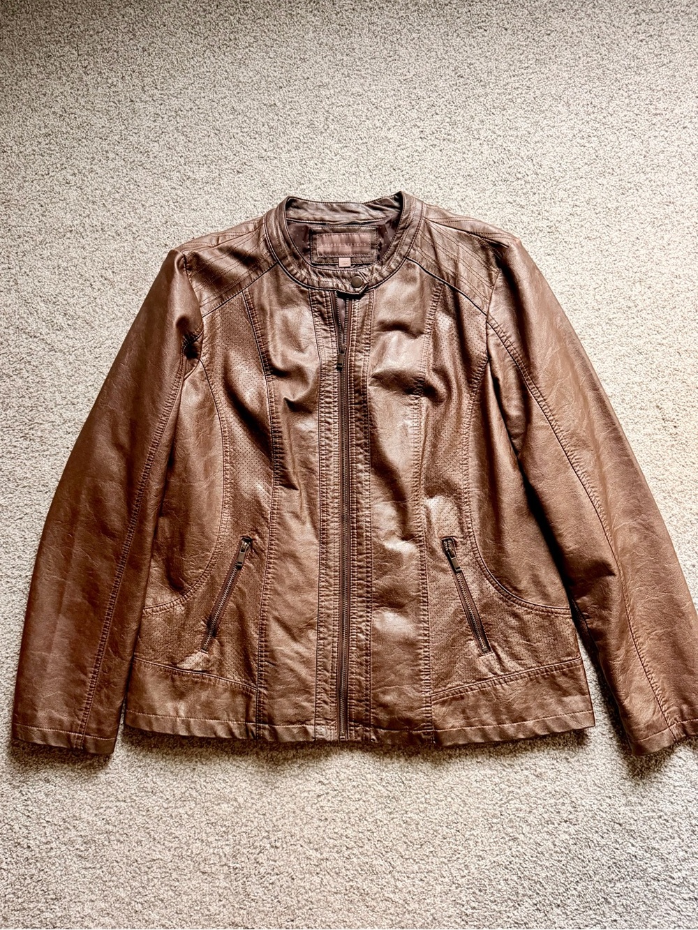 Valerie Stevens Brown Faux Leather Zip-Front Jacket